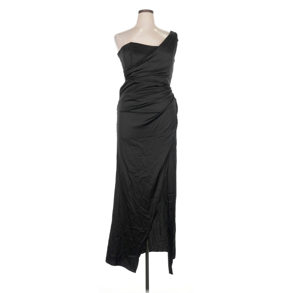 Meshki Black One Shoulder Satin‎ Formal Cocktail Maxi Dress Gown Size Large